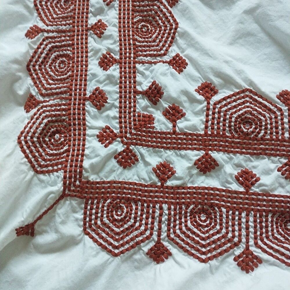 Serena&Lily Duvet Cover Full/Queen White Brown Red Embroidery Geometric Cotton